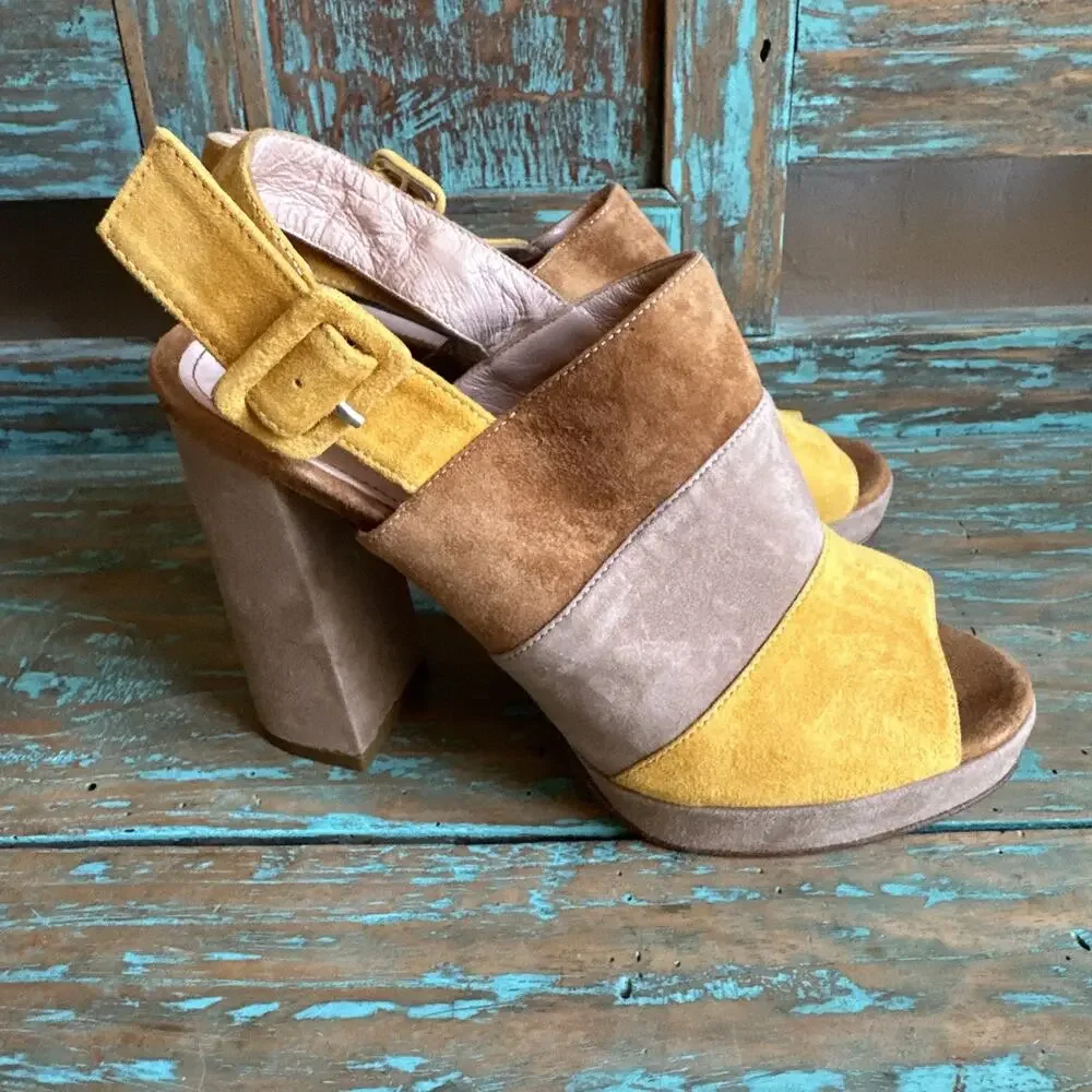 Alberto Zago Milano Suede Leather Platform Peeptoe Sandals Heels Made Italy 36